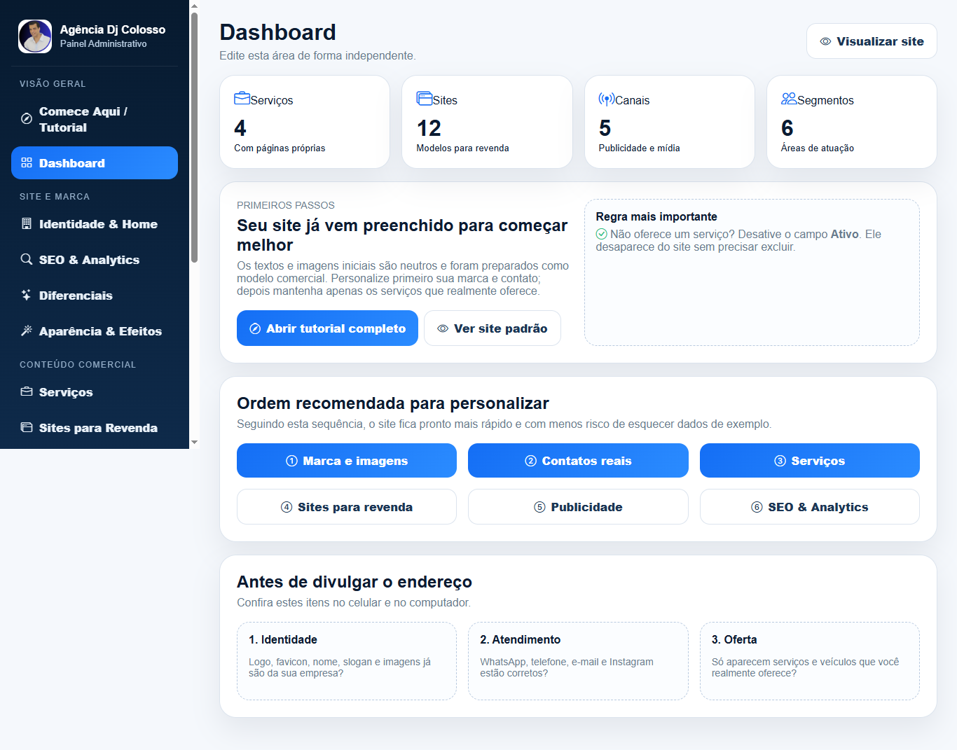 Painel administrativo real da plataforma Sua Agência